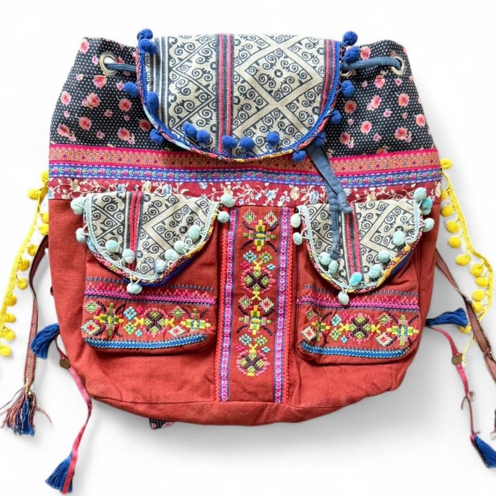 ECOTÉ (for Urban Outfitters) Patchwork Hobo Hippie Embroidered Pompom backpack
